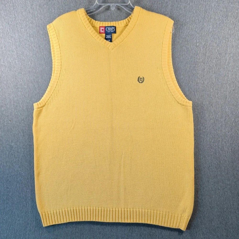 Y2K CHAPS V Neck Sweater Vest Mens Sz L Golf Cotton Knit Logo Yellow Streetwear